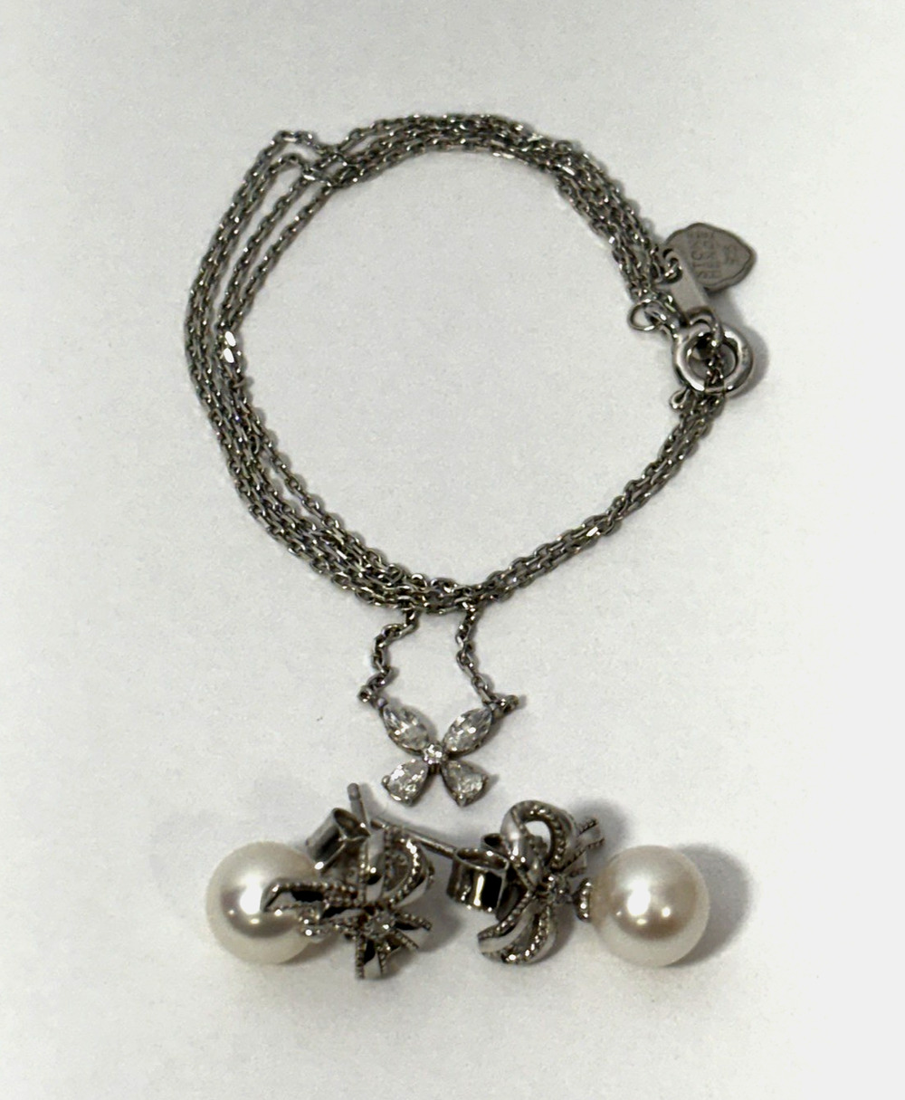 STONEHENgE Sterling Silver Bow Necklace 16" & Akoya Pearl Earrings Set